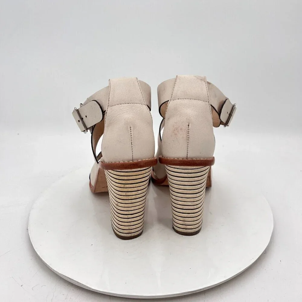 Loeffler Randall Women Size 10B Cream Beige Leather Peep Toe Buckle Heel Sandal
